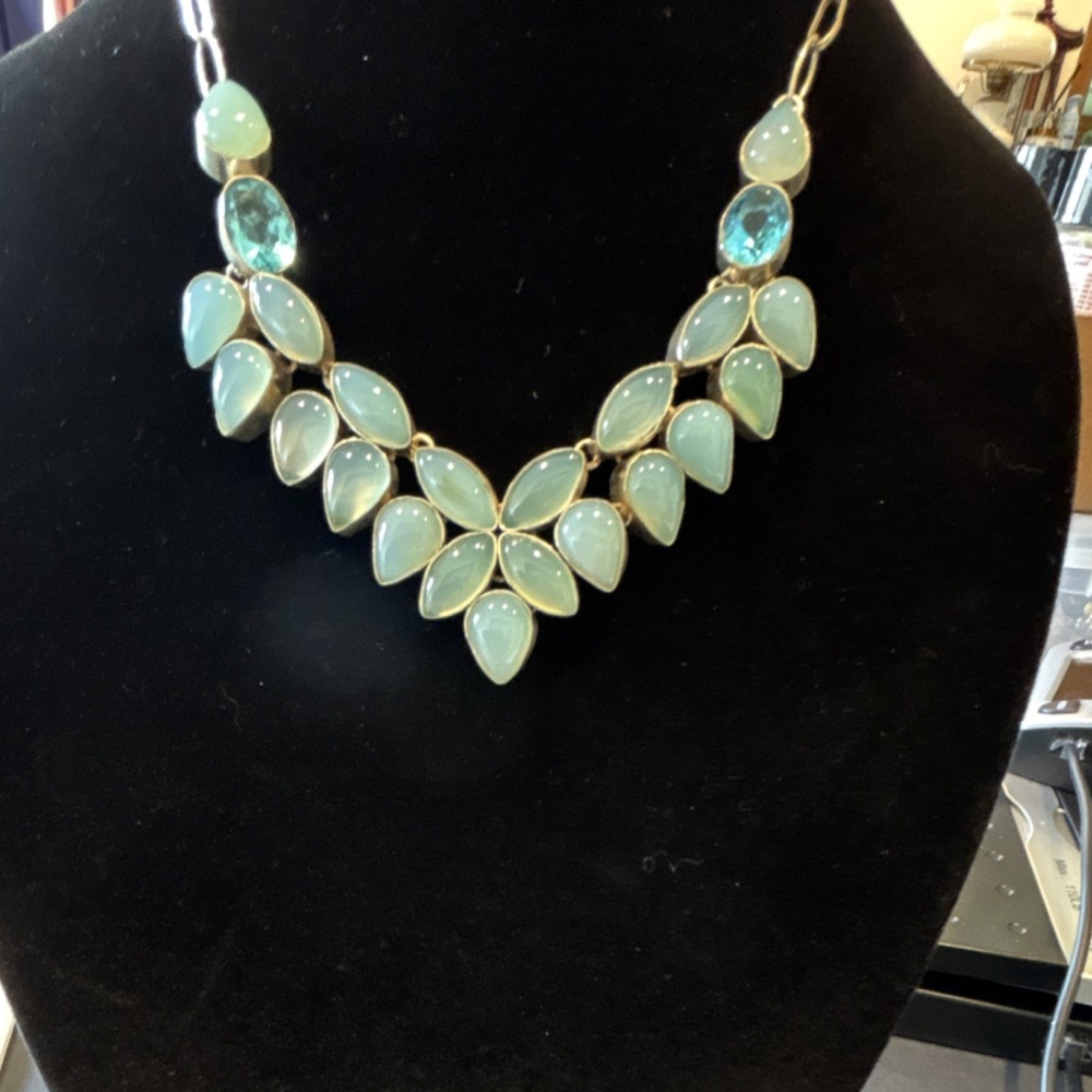 Chalcedony Necklace  Teardrop Oval Stones  925 silver Oval Link Toggle Closure